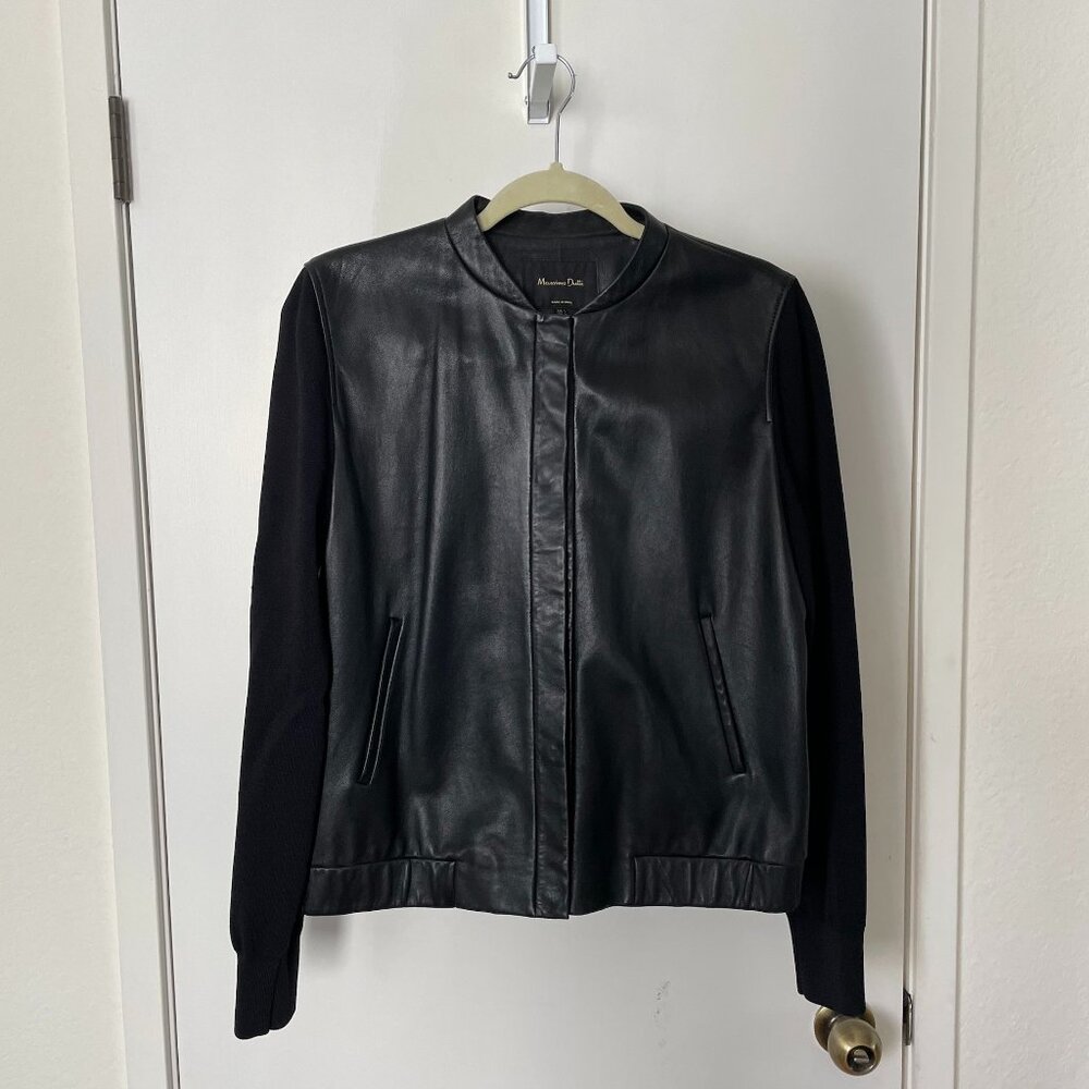 Massimo Dutti Black Nappa Leather Bomber with Fabric sleeves - US L